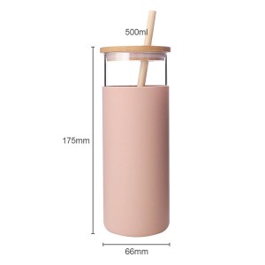 Staklena čaša u boji od 16oz bez BPA sa slamnatim silikonskim zaštitnim poklopcem od bambusa