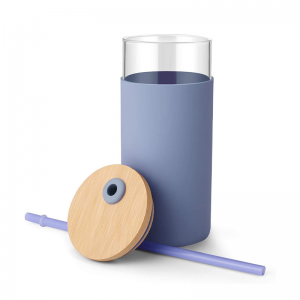 Pahar de sticlă colorat fără BPA de 16 oz, cu capac din bambus, cu manșon de protecție din silicon cu paie