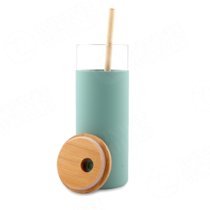 16oz BPA-frije kleurde drinkglês tumbler mei strie siliconen beskermjende mouw bamboe lid