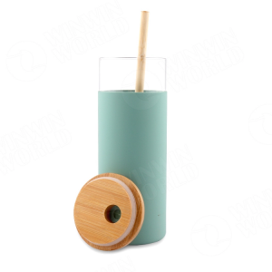 Gobelet en verre à boire coloré sans BPA de 16 oz avec couvercle en bambou à manchon protecteur en silicone paille