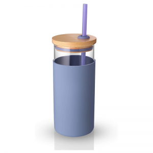 Cốc thủy tinh uống màu miễn phí 16oz BPA có ống hút bằng silicon bảo vệ nắp tre