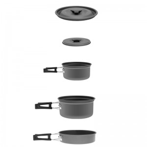 Ëmgeréits 3-4 Leit Ausrüstung Héich Qualitéit Metal Kombinatioun Outdoor Camping ausklappbar Cookware Set