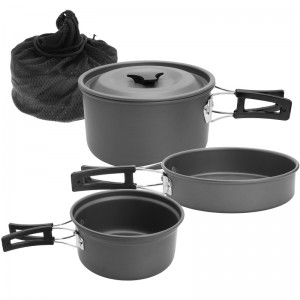 Ëmgeréits 3-4 Leit Ausrüstung Héich Qualitéit Metal Kombinatioun Outdoor Camping ausklappbar Cookware Set