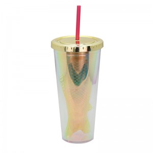 customized design 16oz Double wall plastic tumber with straw,fish shaped inner wall