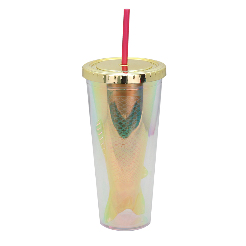 Oem/Odm Manufacturer Stainless Steel Custom Tumbler – customized design 16oz Double wall plastic tumber with straw,fish shaped inner wall – SUNSUM