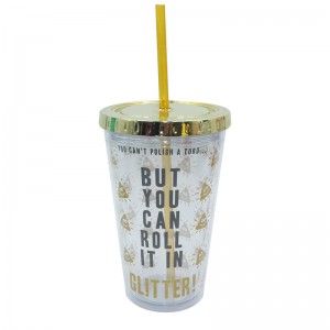 Vaso de plástico de doble pared personalizado de 16 oz con pajita