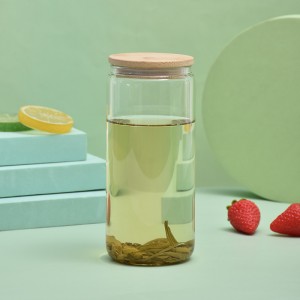 Ly uống nước có nắp tre và ống hút thủy tinh – Ly thủy tinh hình lon 16oz, Ly bia, Ly cà phê đá, Ly Tumbler dễ thương, Lý tưởng cho Cocktail, Whiskey