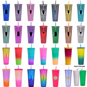 İsti Satılır Xüsusi DIY 16oz 24oz Qəhvə Kupası İki Divarlı Plastik Iridescent Kupa Tutqun Kuboklar Samanlı Tumbler