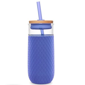 Wholesale 20oz Custom Colored Drinking Glass Tumbler with Silicone Sleeve and Bamboo Lid