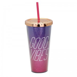 Vaso de plástico de doble pared de 20 oz con pajita